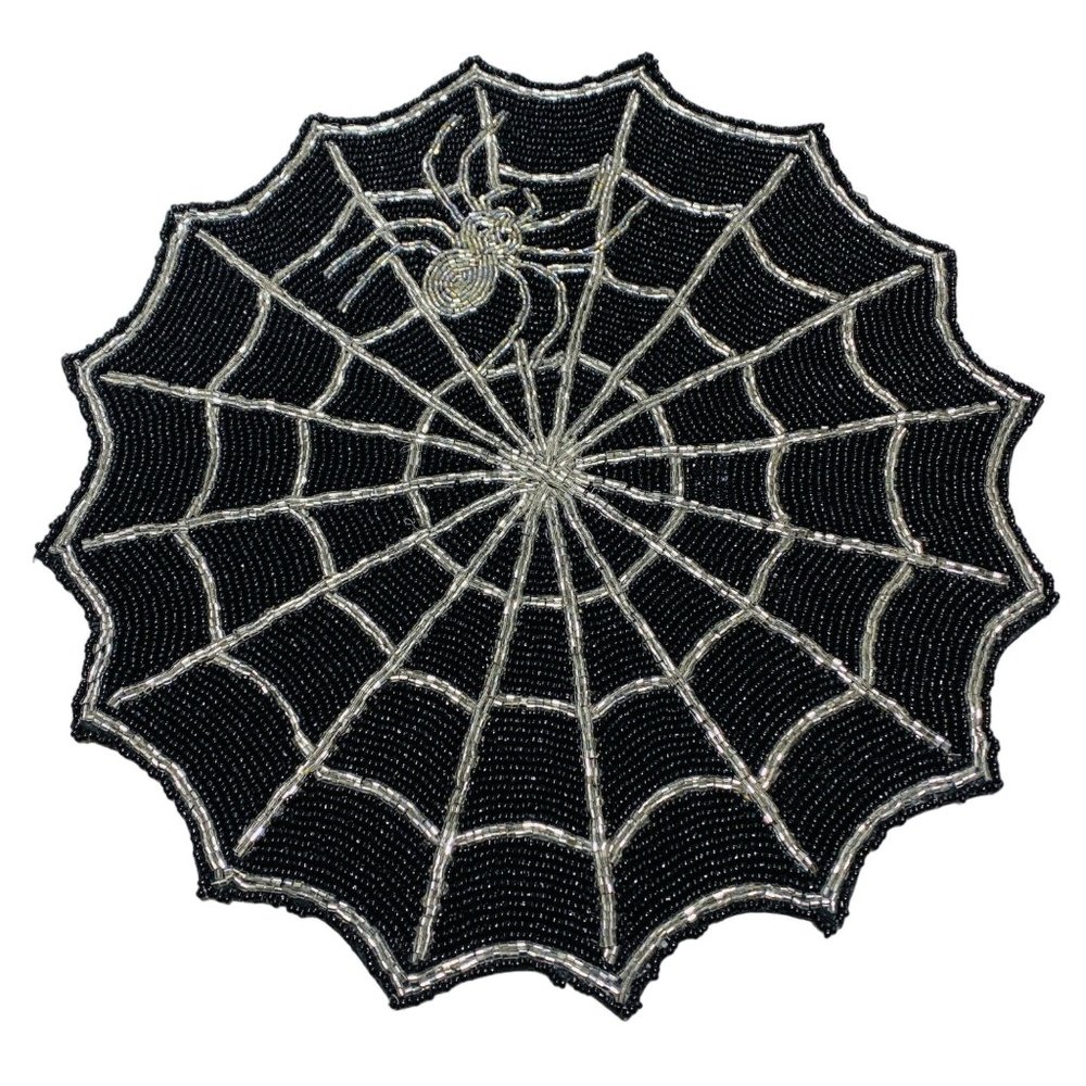 Tahari Halloween Black and Silver Spider Web 15in Beaded Placemat Charger